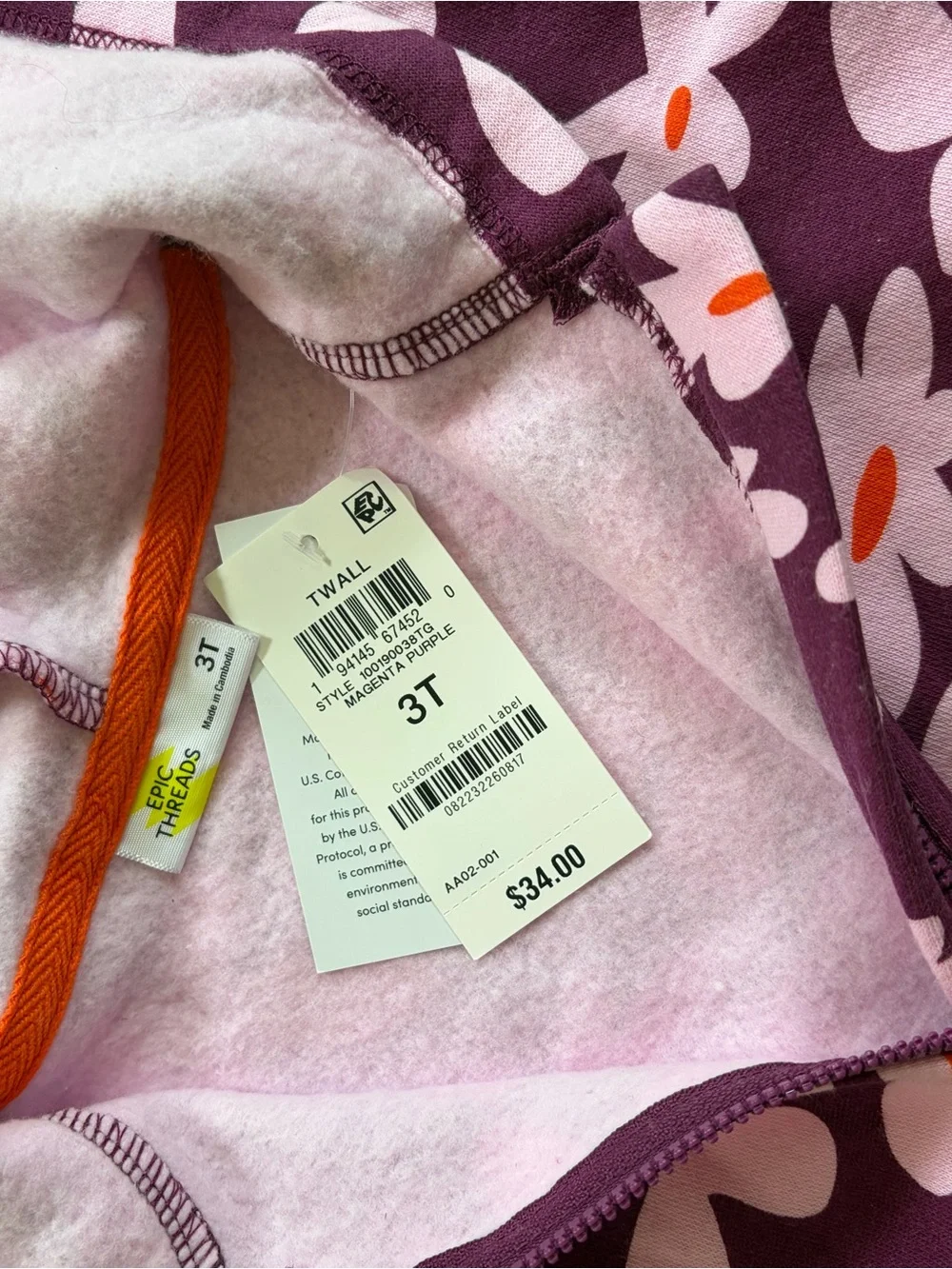 Epic Threads Purple Floral Hoodie Set with Orange Drawcord
